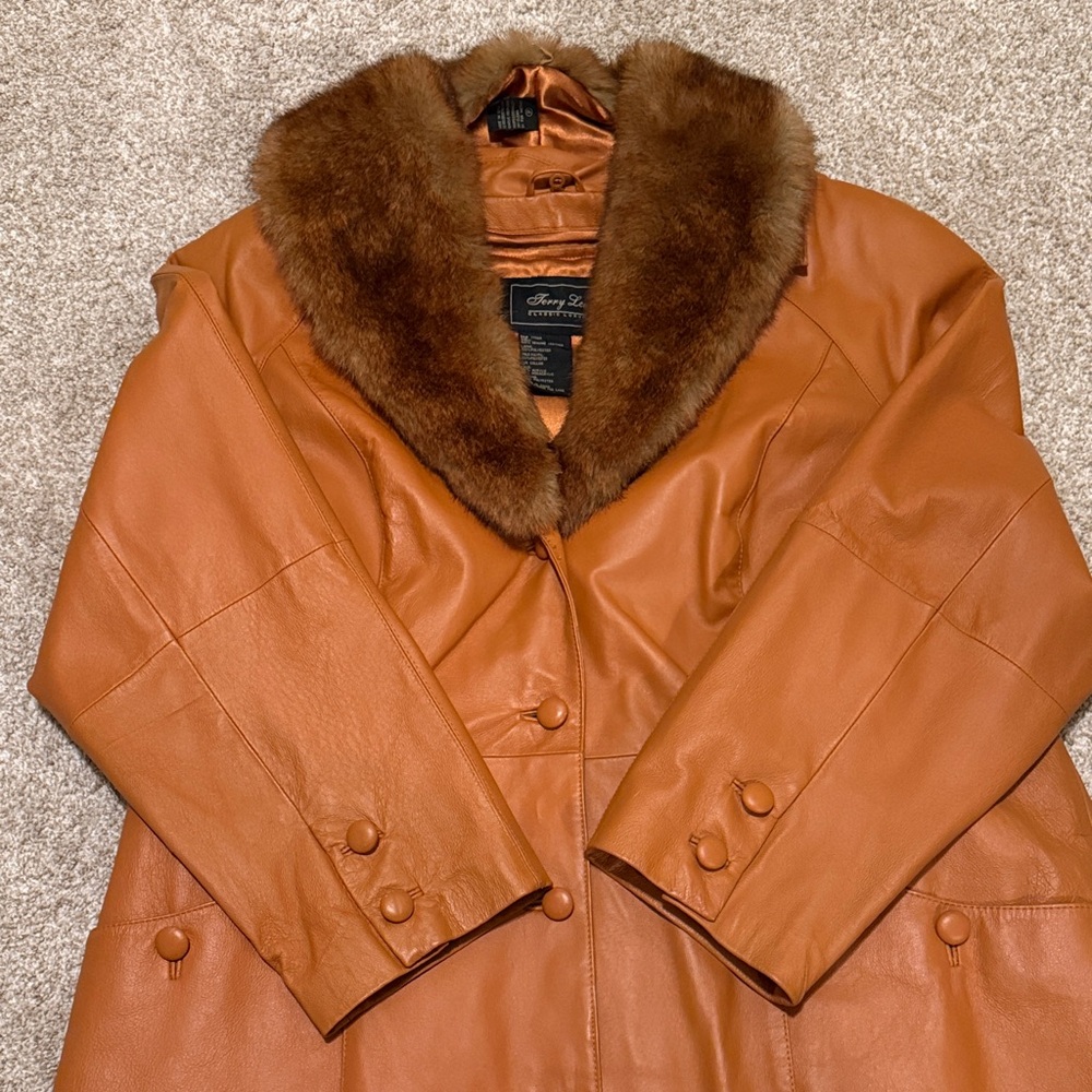 Vintage Brown Genuine Leather Coat with Faux Fur Collar Terry Lewis Y2K - Picture 4 of 8
